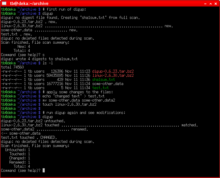 Screenshot of two digup runs on Linux